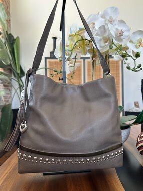 Brighton Brown Leather Hobo Bag Studded Trim Tassel Charm Shoulder Bag Boho Luxe